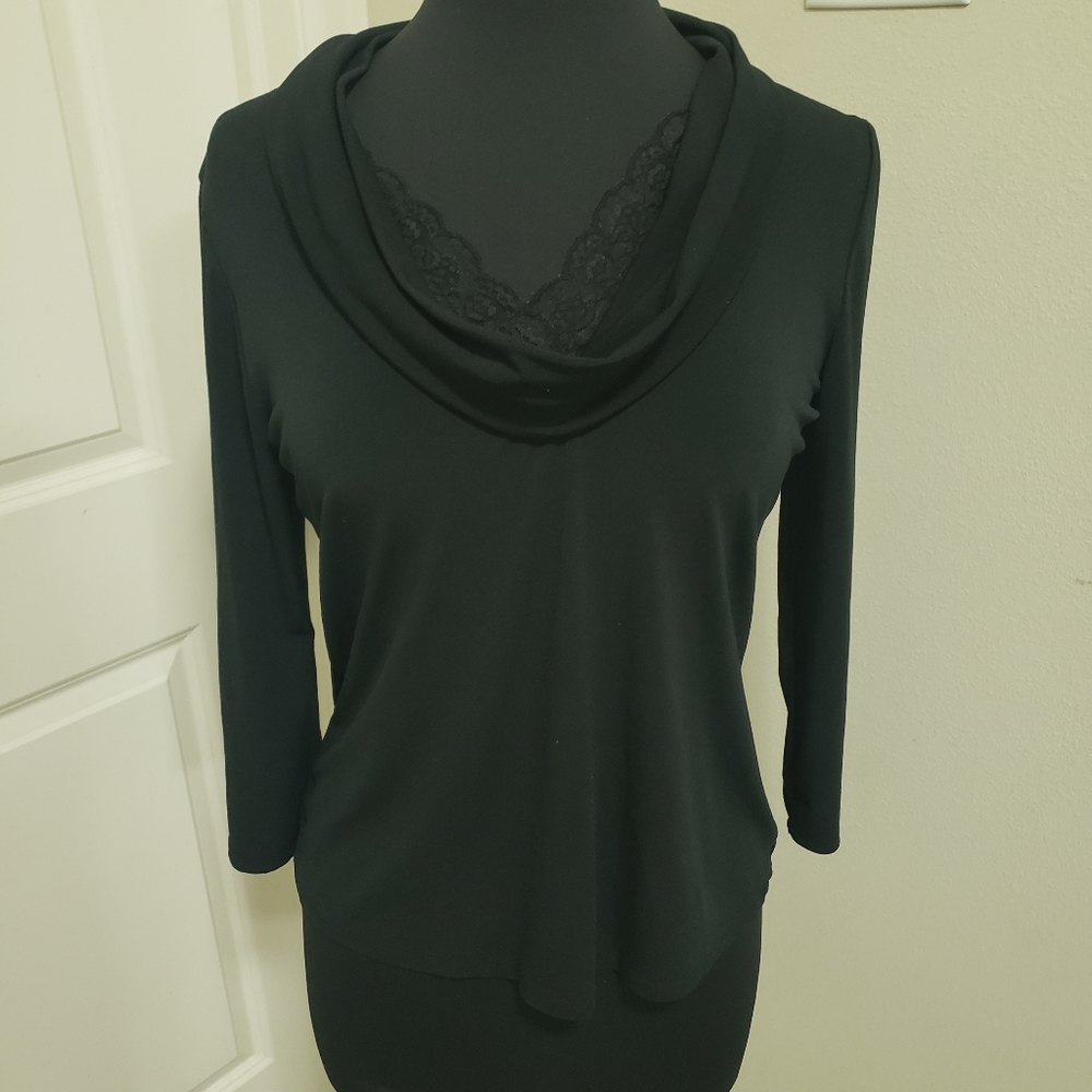 Black Dressy Cowl Neck Blouse with Lace